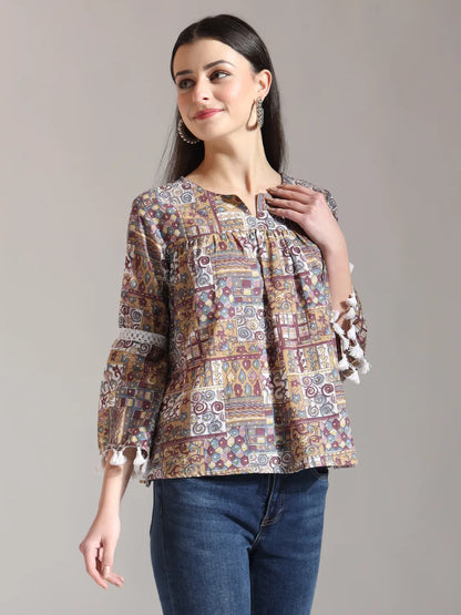 Beige Pure Cotton Geometric Gathered Or Pleated Top