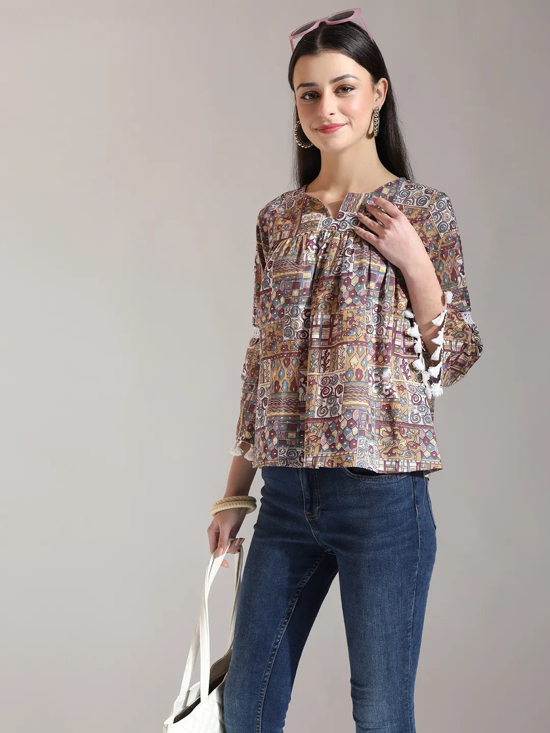 Beige Pure Cotton Geometric Gathered Or Pleated Top