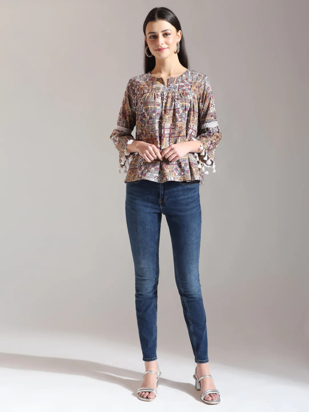 Beige Pure Cotton Geometric Gathered Or Pleated Top