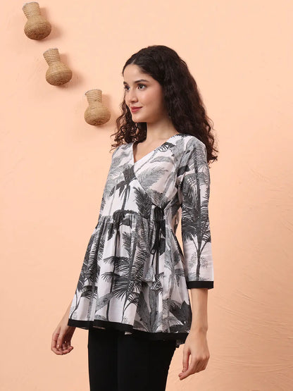 Black And White Cotton Gathered Or Pleated Angrakha Top