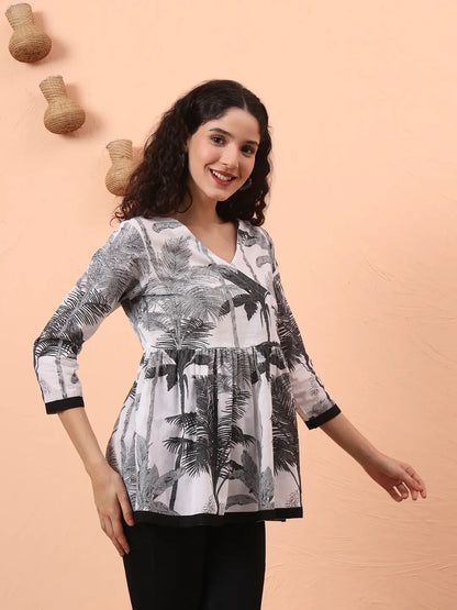 Black And White Cotton Gathered Or Pleated Angrakha Top