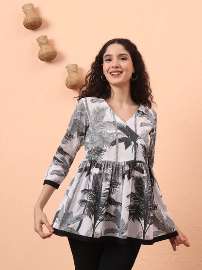 Black And White Cotton Gathered Or Pleated Angrakha Top