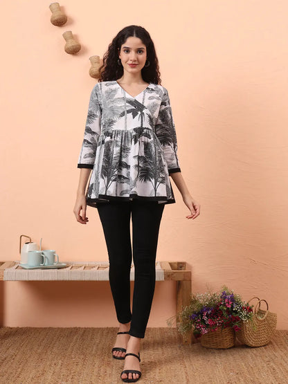 Black And White Cotton Gathered Or Pleated Angrakha Top
