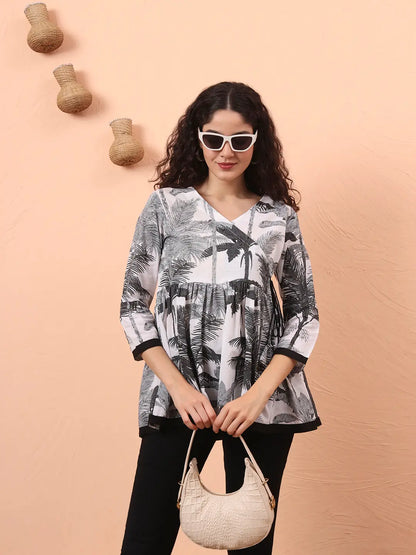 Black And White Cotton Gathered Or Pleated Angrakha Top