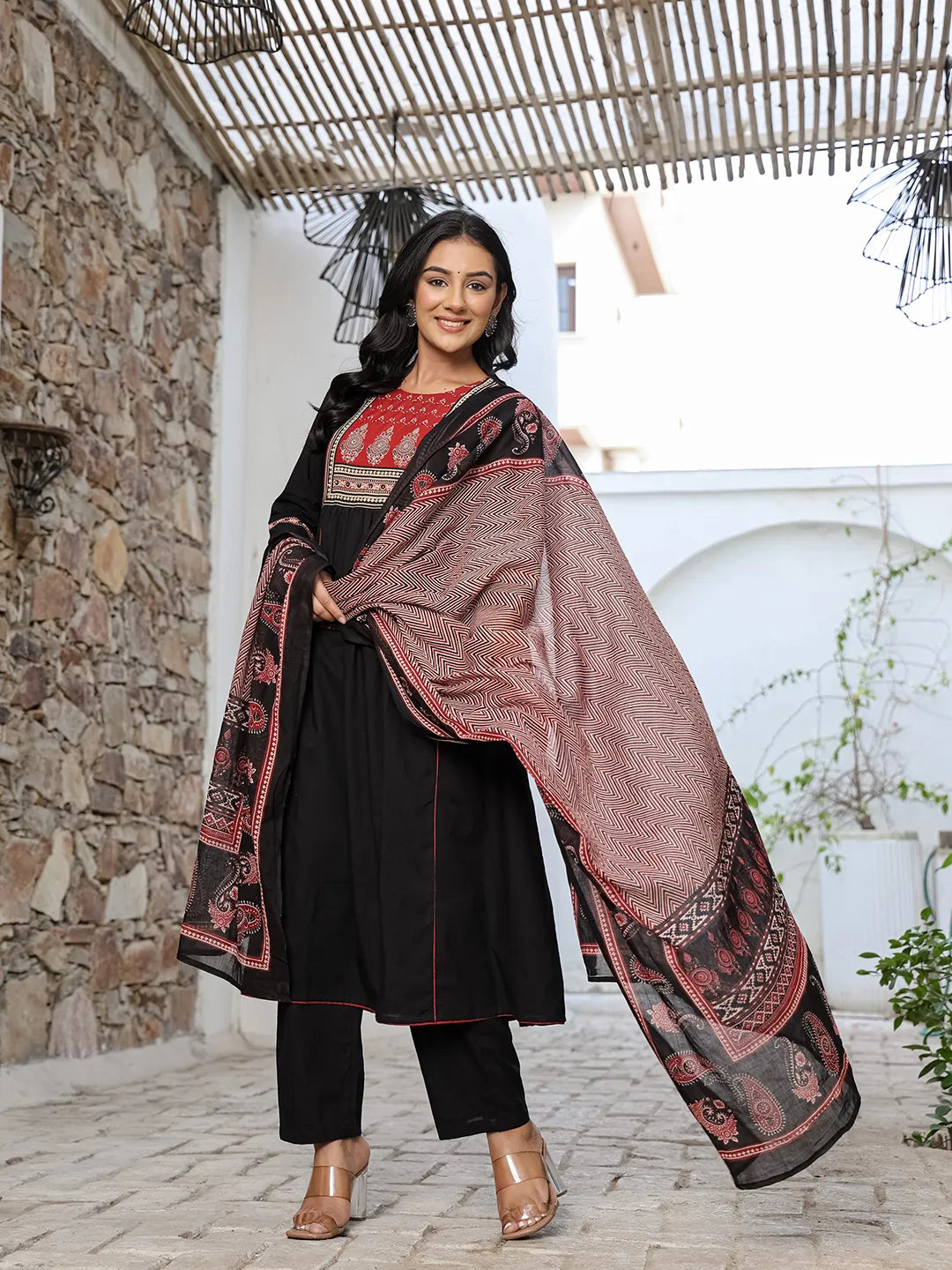 Black Cotton A Line Gathered Or Pleated Kurta Dupatta Set