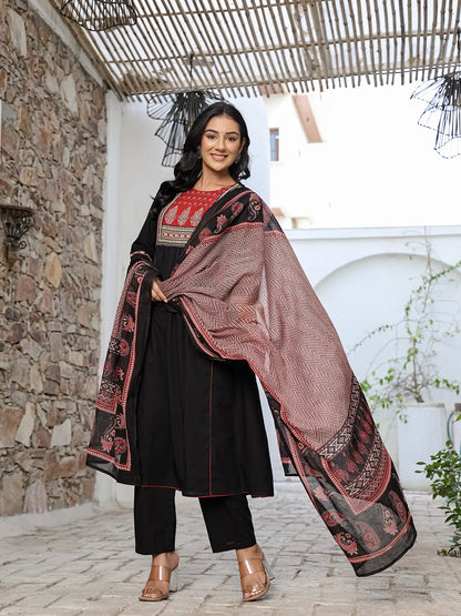 Black Cotton A Line Gathered Or Pleated Kurta Dupatta Set