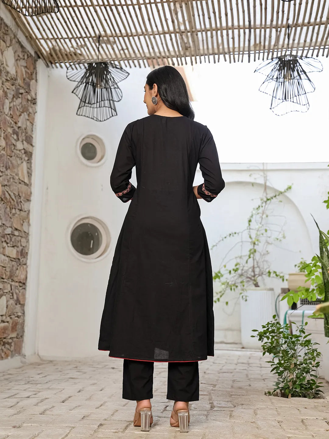 Black Cotton A Line Gathered Or Pleated Kurta Dupatta Set