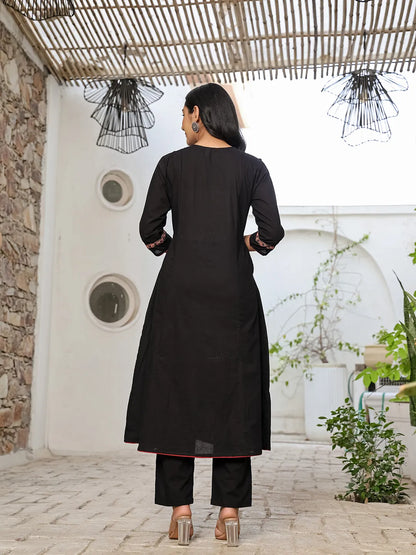 Black Cotton A Line Gathered Or Pleated Kurta Dupatta Set