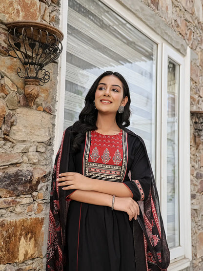 Black Cotton A Line Gathered Or Pleated Kurta Dupatta Set