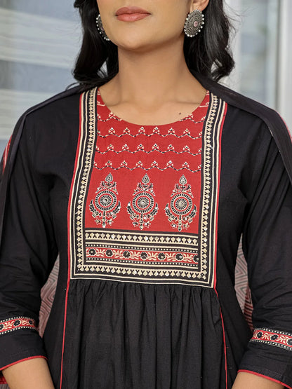 Black Cotton A Line Gathered Or Pleated Kurta Dupatta Set