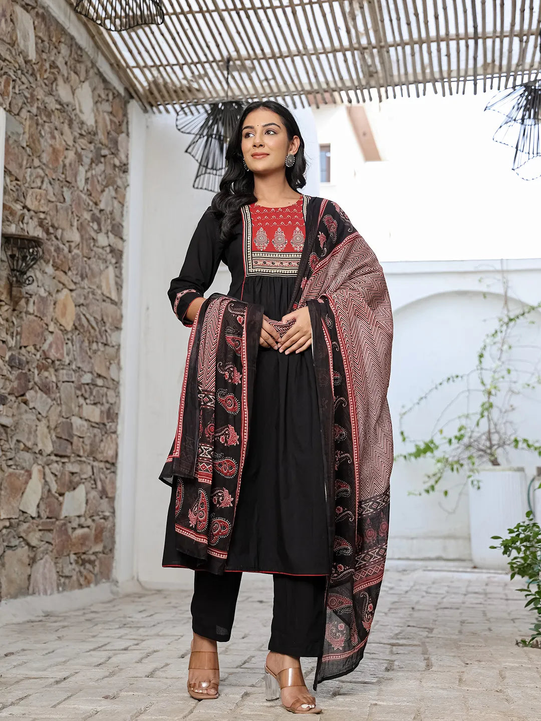 Women's Black Cotton Black Cotton A Line Gathered Or Pleated Kurta Dupatta Set by Yufta, suitable for wholesale buyers, boutiques, retailers, resellers and bulk fashion orders from Trendphoria
