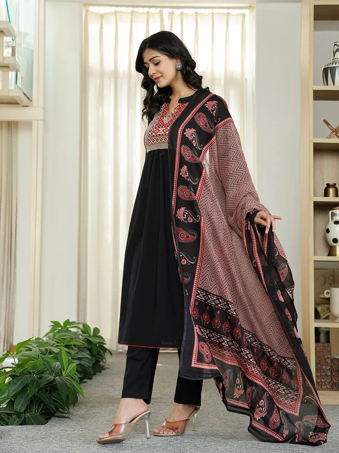 Black Cotton A Line Mandarin Collar Gathered Kurta Dupatta Set