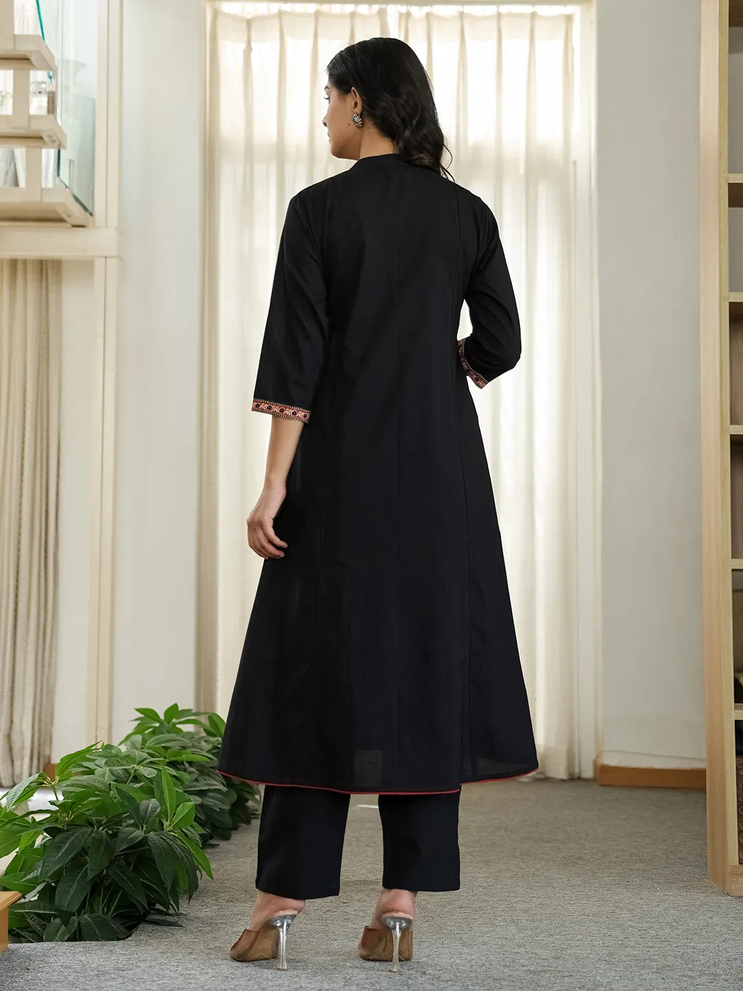 Black Cotton A Line Mandarin Collar Gathered Kurta Dupatta Set