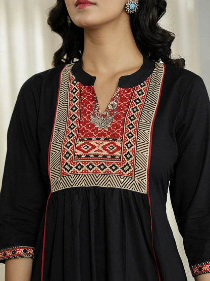 Black Cotton A Line Mandarin Collar Gathered Kurta Dupatta Set
