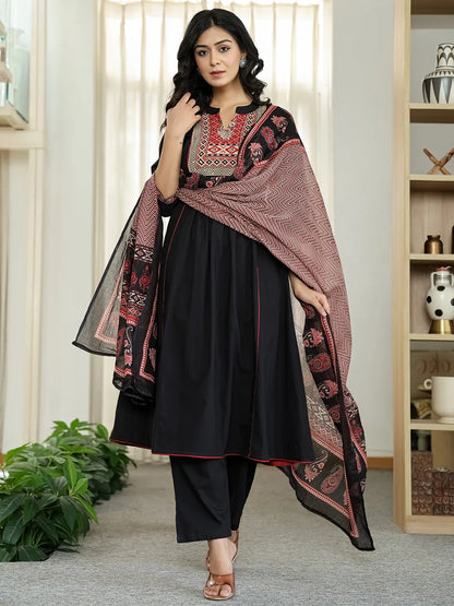 Black Cotton A Line Mandarin Collar Gathered Kurta Dupatta Set