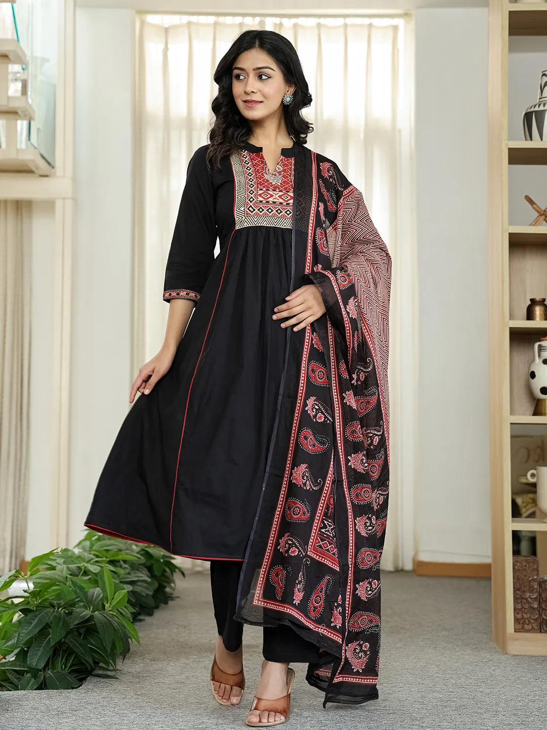 Women's Black Cotton Black Cotton A Line Mandarin Collar Gathered Kurta Dupatta Set by Yufta, suitable for wholesale buyers, boutiques, retailers, resellers and bulk fashion orders from Trendphoria