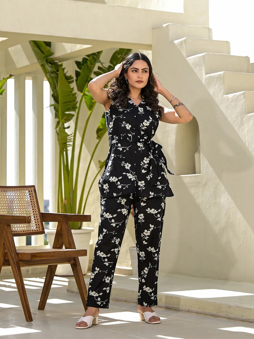 Black Cotton Floral Print Comes With A Belt Co Ord Set