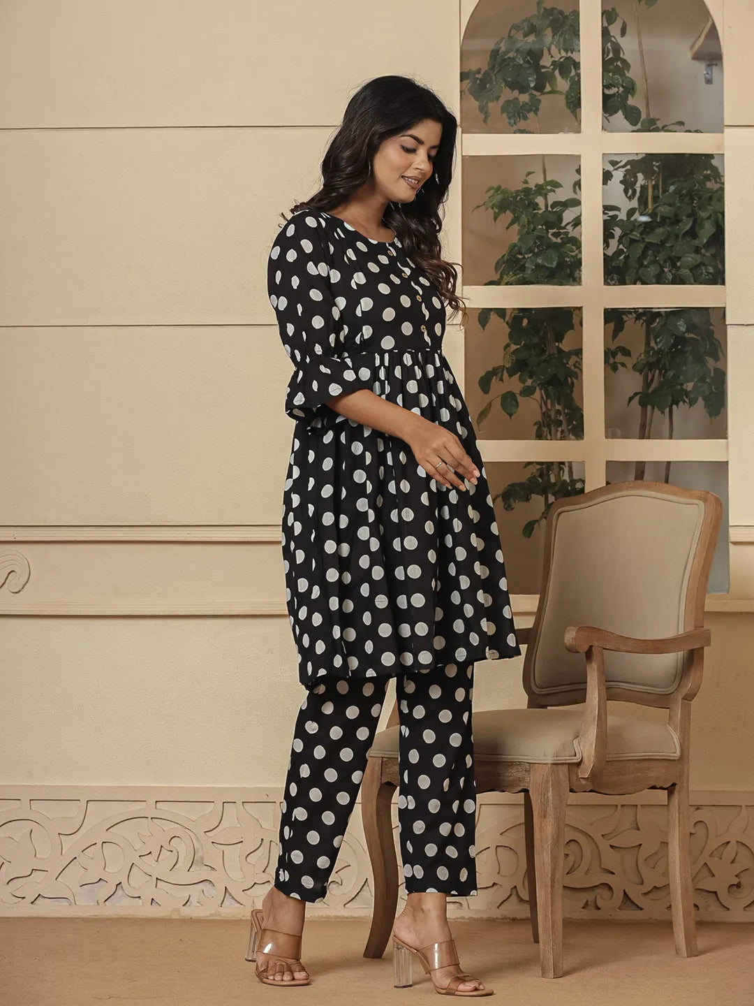 Black Cotton Polka Dot Print Maternity Wear Kurta Pants Set