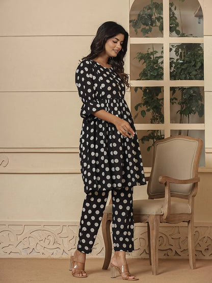 Black Cotton Polka Dot Print Maternity Wear Kurta Pants Set