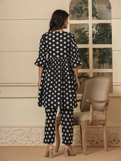 Black Cotton Polka Dot Print Maternity Wear Kurta Pants Set