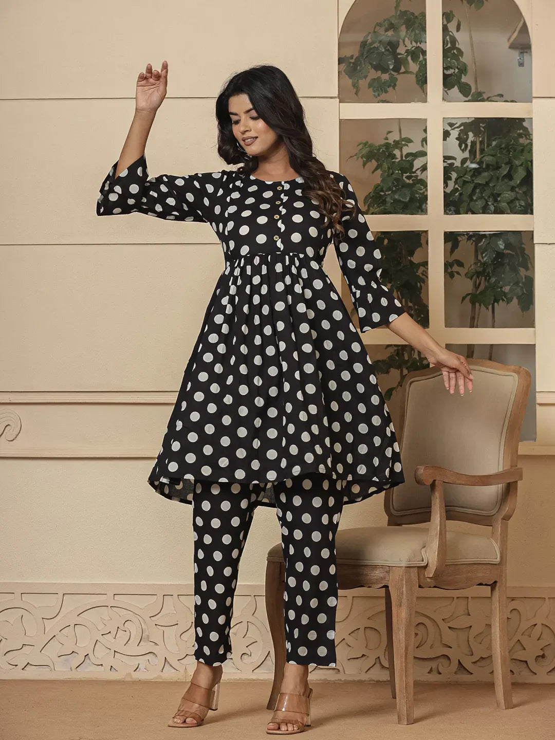 Black Cotton Polka Dot Print Maternity Wear Kurta Pants Set