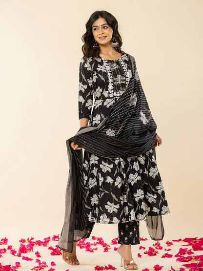 Black Cotton Sequins Work Anarkali Kurta Dupatta Pant Set
