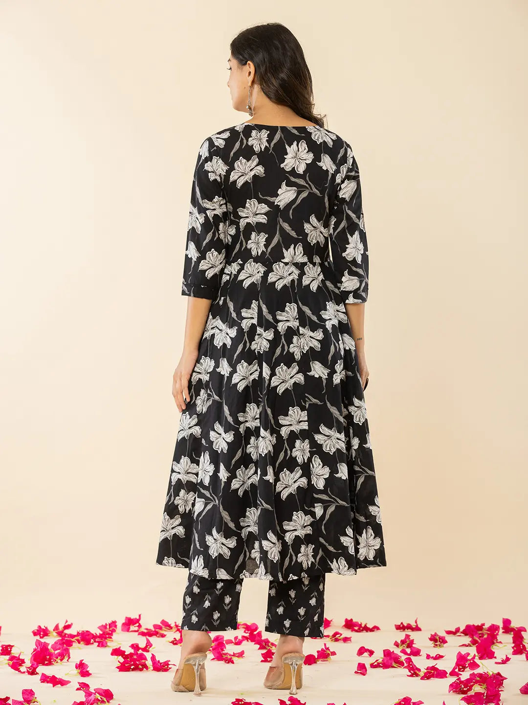 Black Cotton Sequins Work Anarkali Kurta Dupatta Pant Set