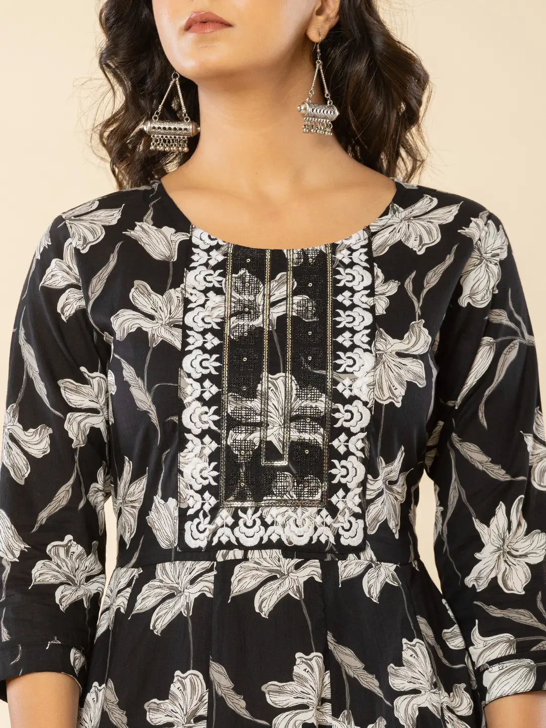 Black Cotton Sequins Work Anarkali Kurta Dupatta Pant Set