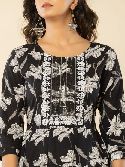 Black Cotton Sequins Work Anarkali Kurta Dupatta Pant Set