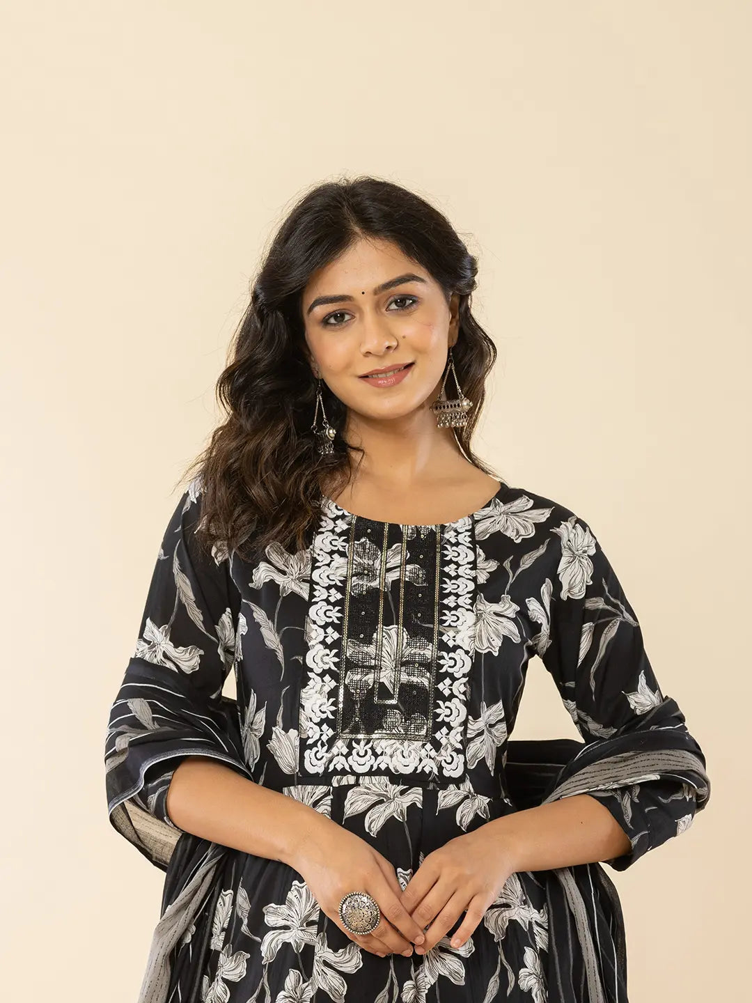 Black Cotton Sequins Work Anarkali Kurta Dupatta Pant Set