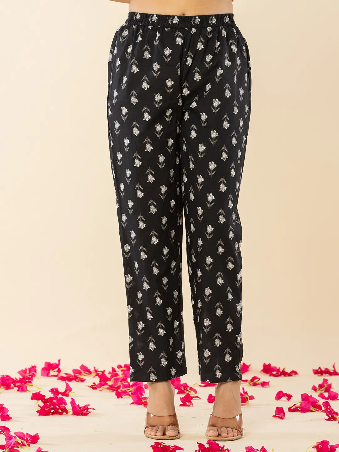 Black Cotton Sequins Work Anarkali Kurta Dupatta Pant Set