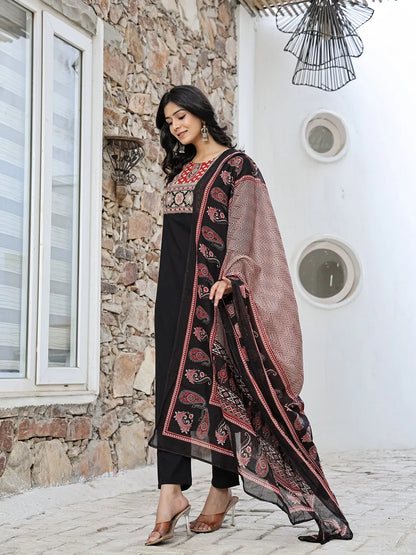 Black Cotton Sequins Work Straight Kurta Set