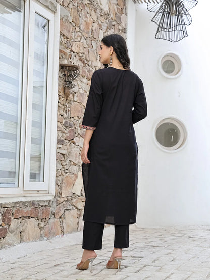 Black Cotton Sequins Work Straight Kurta Set