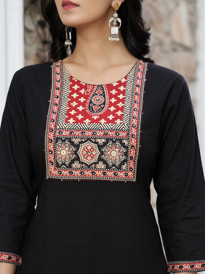 Black Cotton Sequins Work Straight Kurta Set