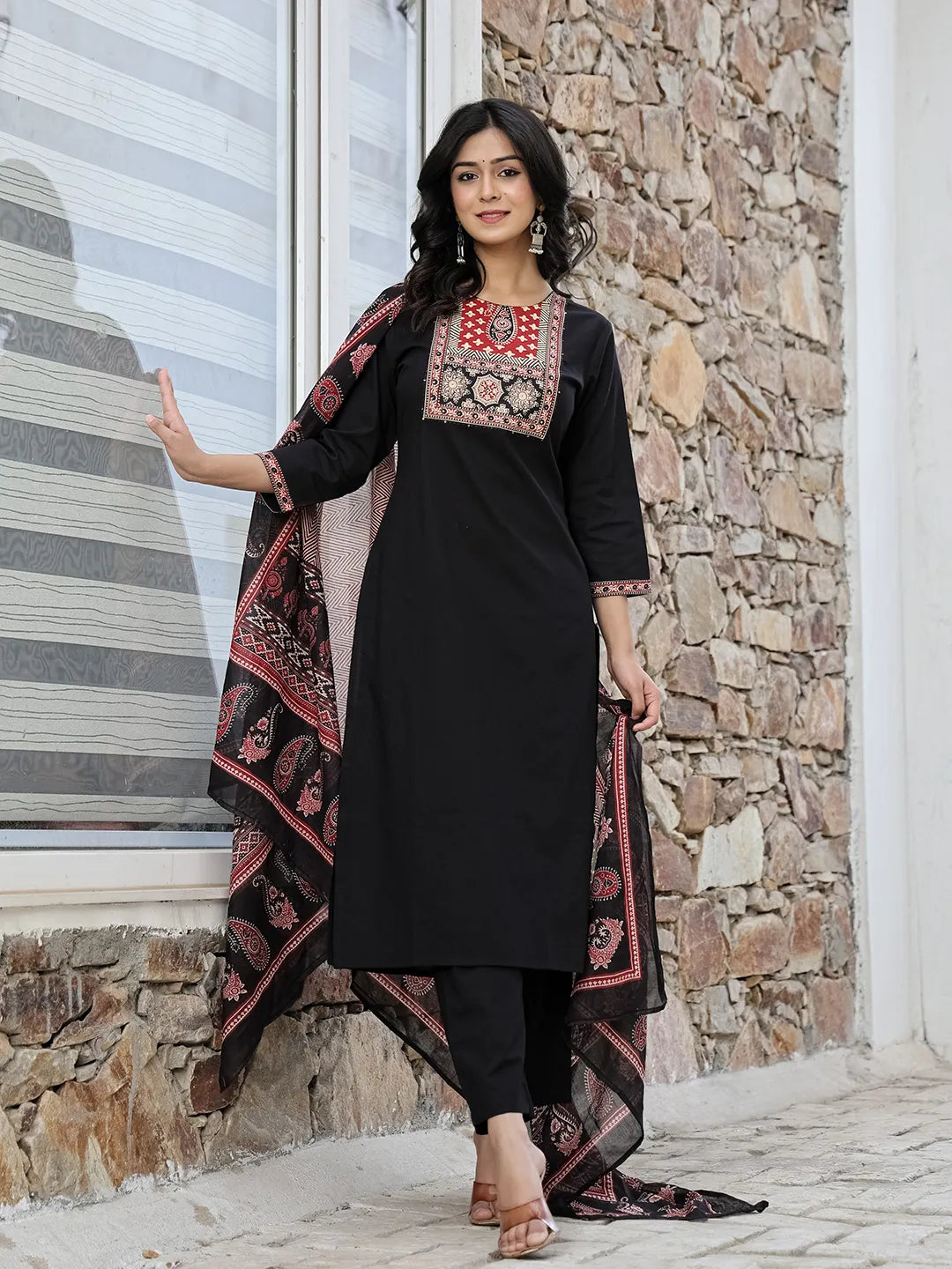 Black Cotton Sequins Work Straight Kurta Set