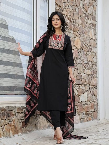Black Cotton Sequins Work Straight Kurta Set