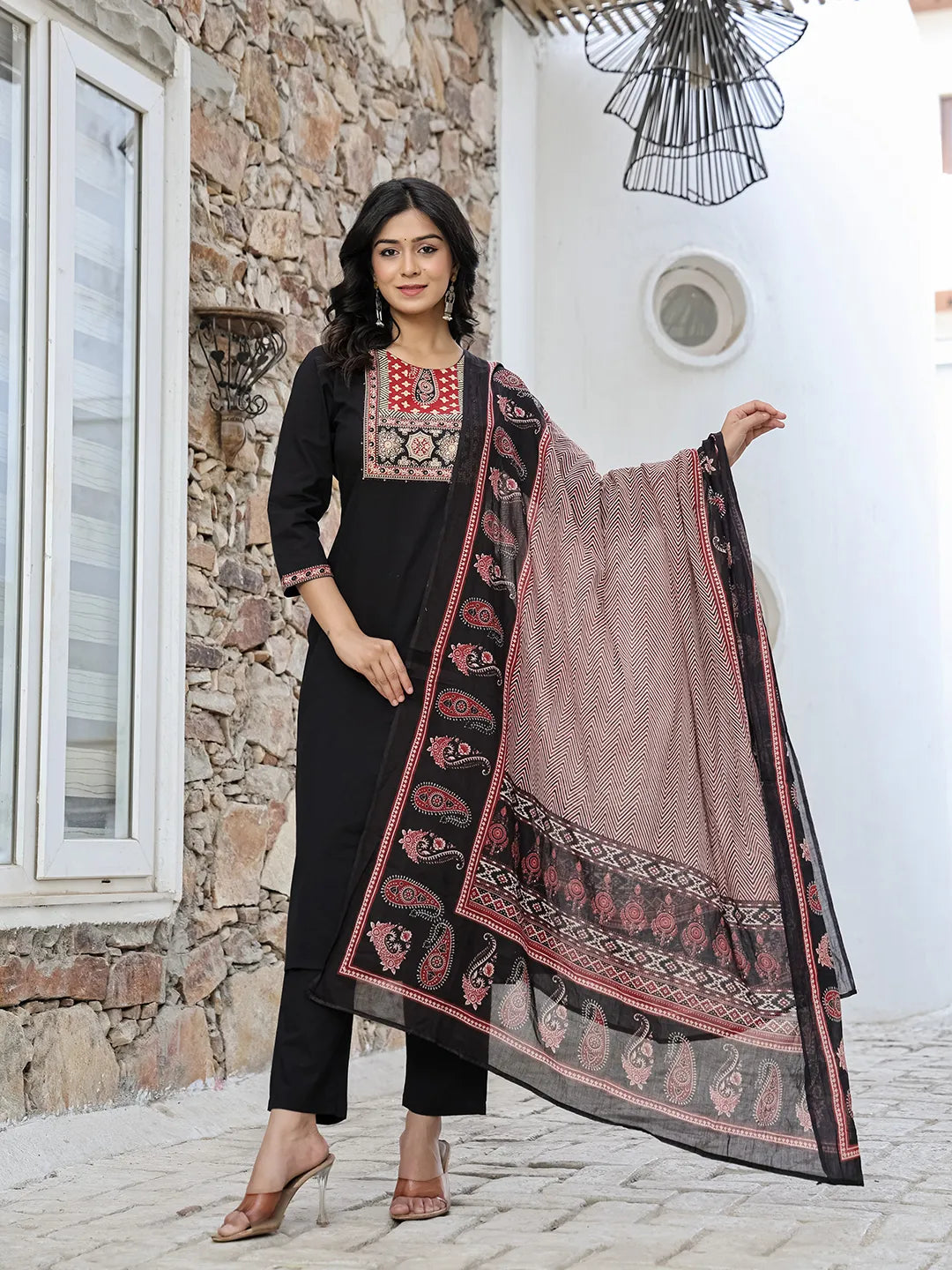Women's Black Cotton Black Cotton Sequins Work Straight Kurta Set by Yufta, suitable for wholesale buyers, boutiques, retailers, resellers and bulk fashion orders from Trendphoria
