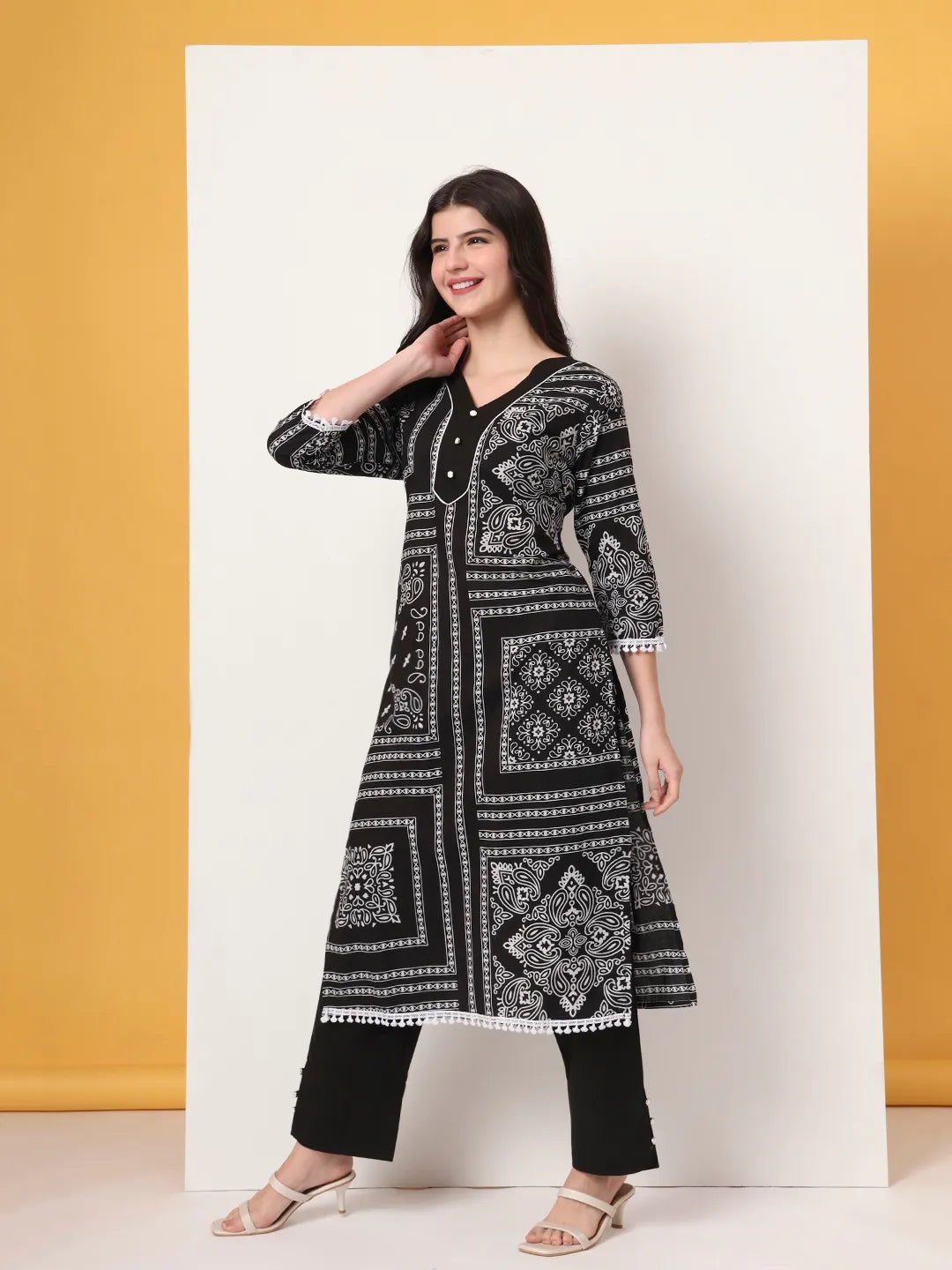 Black Cotton Straight Kurta Set