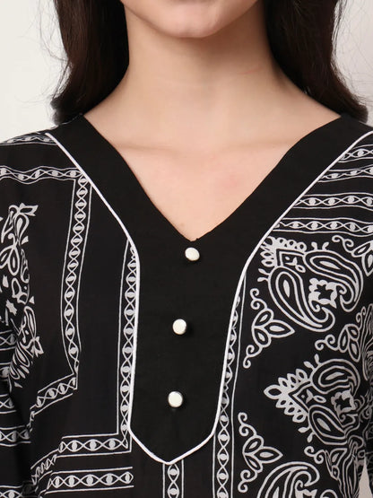Black Cotton Straight Kurta Set