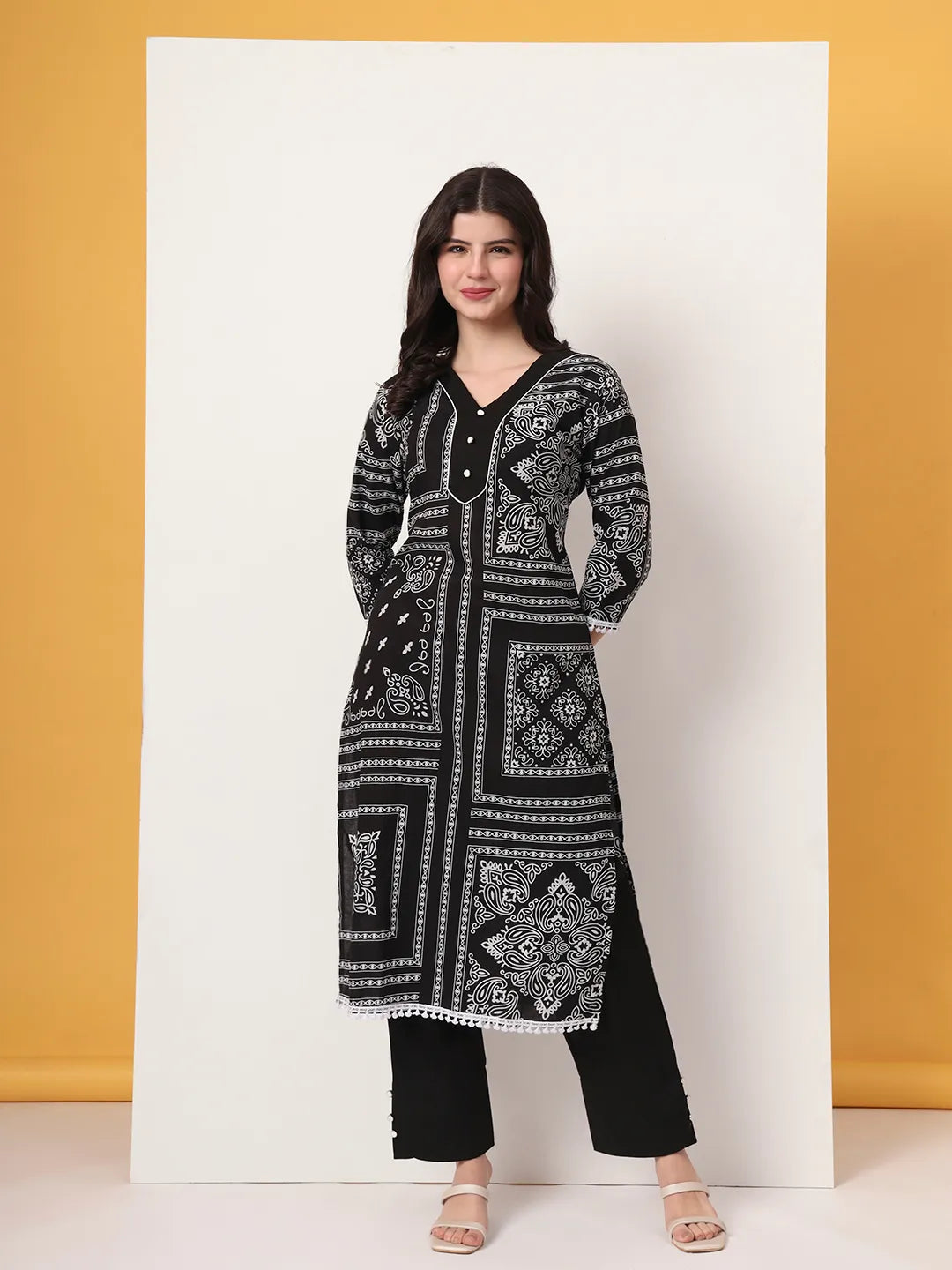 Black Cotton Straight Kurta Set