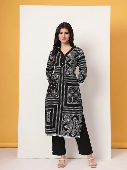 Black Cotton Straight Kurta Set