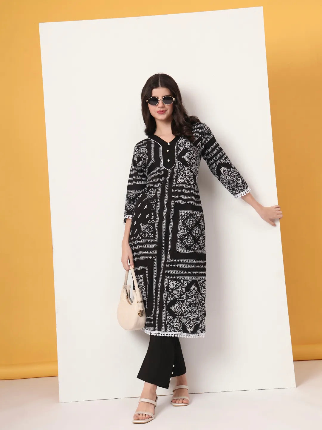 Black Cotton Straight Kurta Set