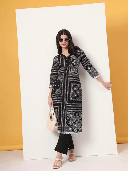 Black Cotton Straight Kurta Set