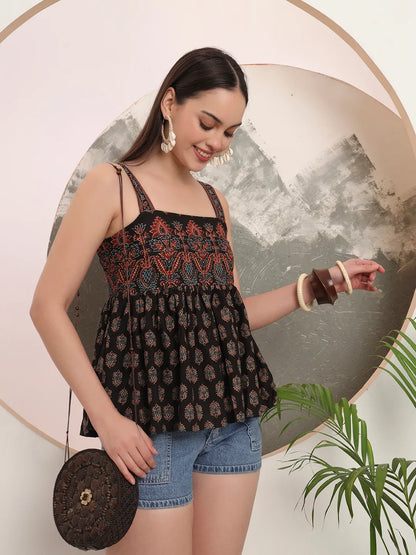 Black Cotton Strappy Top