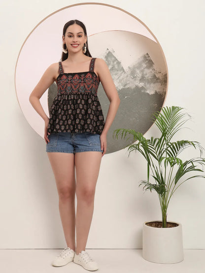 Black Cotton Strappy Top