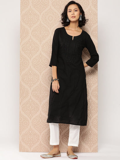 Black Embroidered Chikankari Cotton Kurta