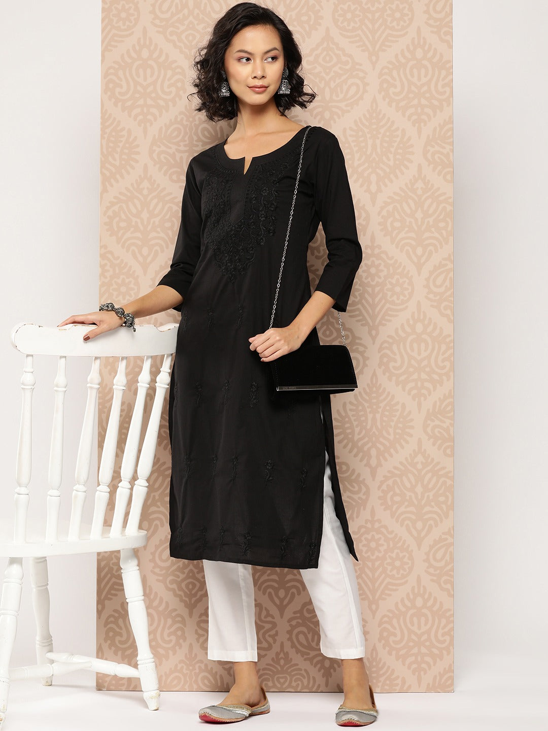 Black Embroidered Chikankari Cotton Kurta