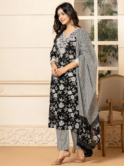 Black Embroidered Kurta Dupatta Set