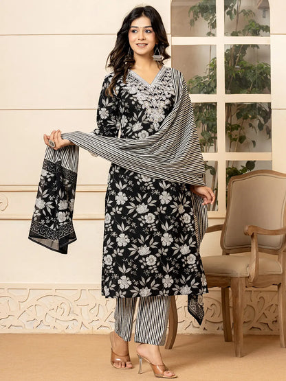 Black Embroidered Kurta Dupatta Set