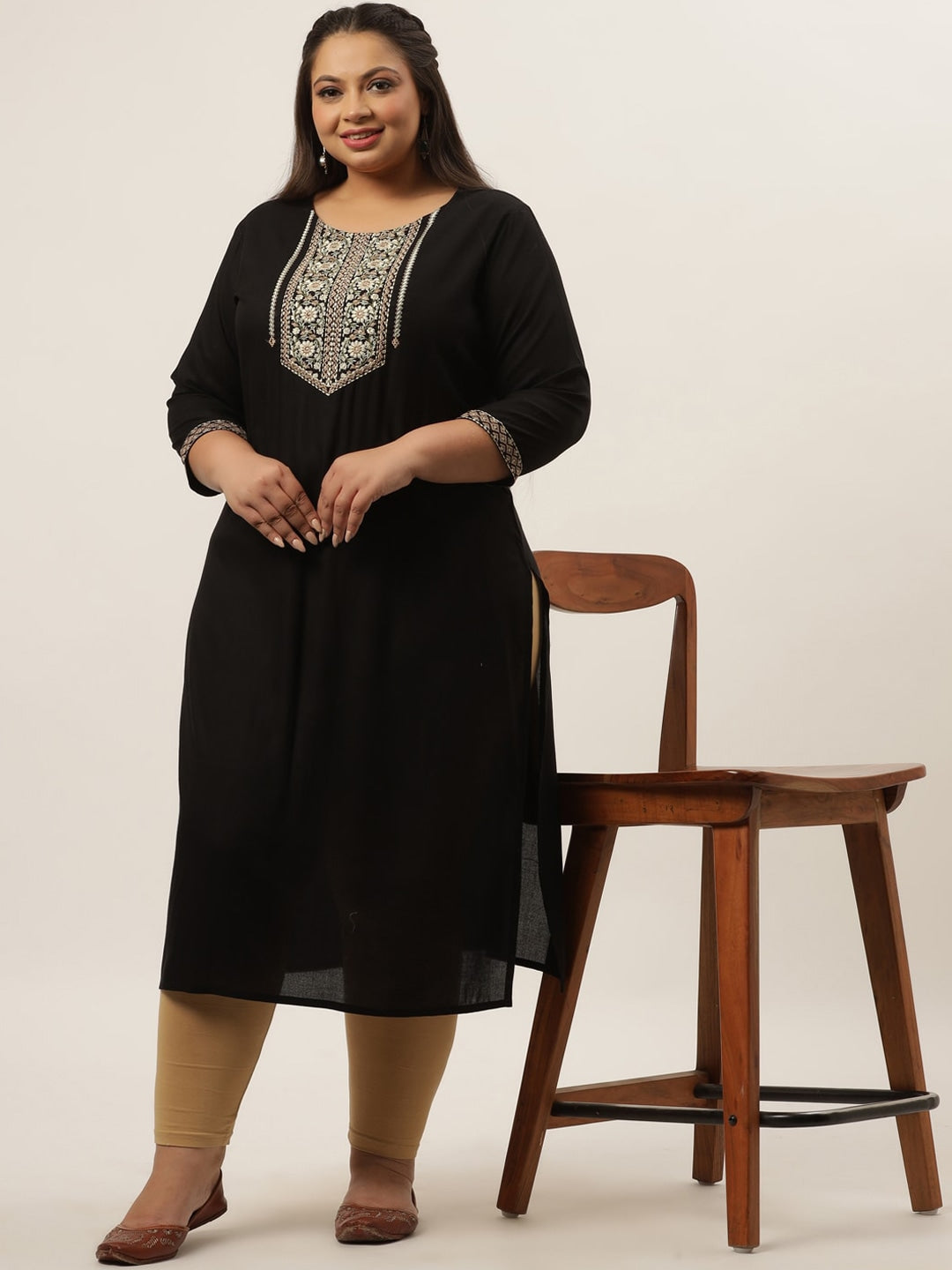 Women's Black Rayon Black Embroidered Kurta Plus Size Women by Yufta, suitable for wholesale buyers, boutiques, retailers, resellers and bulk fashion orders from Trendphoria